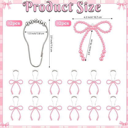 Novabright 12 Pcs Pearl Bow Shower Curtain Hooks Decorative Elegant Bowknot Shower Curtain Rings Hangers for Standard Rods Bathroom Baby Room Decoration (Pink)