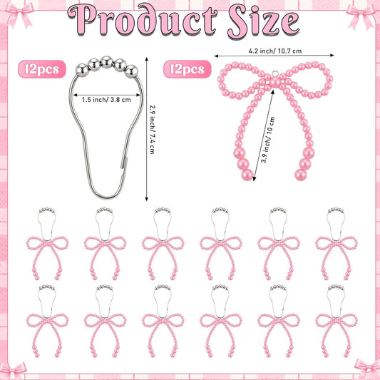 Novabright 12 Pcs Pearl Bow Shower Curtain Hooks Decorative Elegant Bowknot Shower Curtain Rings Hangers for Standard Rods Bathroom Baby Room Decoration (Pink)
