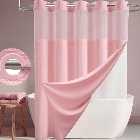 Dynamene Pink Hook Free Shower Curtain & Snap in Fabric Liner with Magnets, Waffle Weave Shower Curtains for Bathroom, Mesh Top Window, Less Time 3 in 1 Shower Curtain and Liner Set, 72" W x 75" L