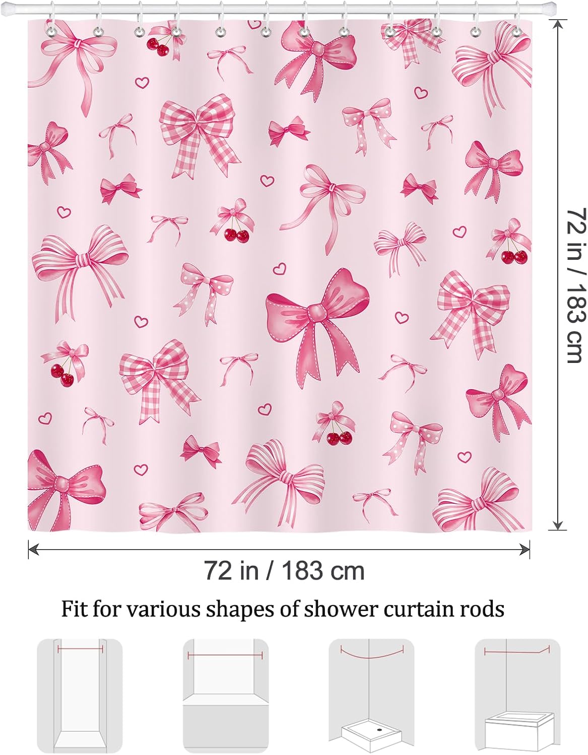 Bonhause Pink Bow Shower Curtain, Cute Cherry Heart Girly Coquette Bathroom Decor 72 x 72 Inch Polyester Fabric Waterproof Bath Curtain with 12 Hooks