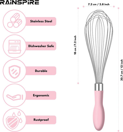 Rainspire 12-Inch Wire Whisk Stainless Steel, Balloon Whisks for Cooking, Wisk Wisking Tool With Soft Silicone Handle, Thick Durable Whisker for Blending, Beating, Whisking, Stirring, Pink