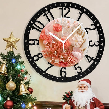 Metal Wall Clock for Living Room -10" Pink Coral Rose Seashell Arrangement Silent Non Ticking,Battery Operated, Antique Wood Clocks for Farmhouse,Dining Room,Bedroom,Kitchen Clock Wall Decor- Arabic N