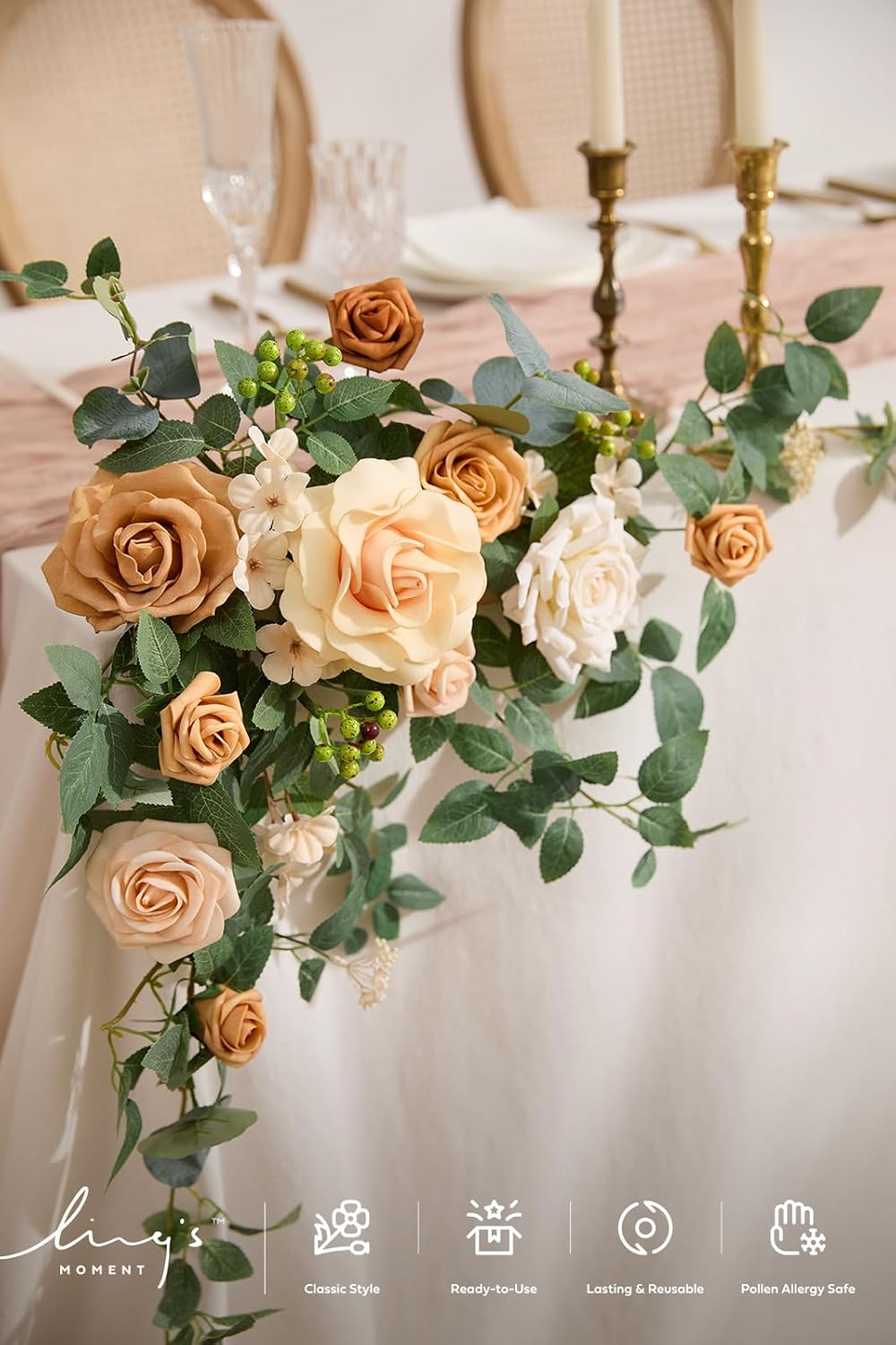 Ling's moment 2PCS Apricot Peach Artificial Flower Garland Wedding Arch Flowers Floral Swags Centerpieces Decoration Rose Greenery for Sweetheart/Head Table Easel Wall Entryway Board Backdrop