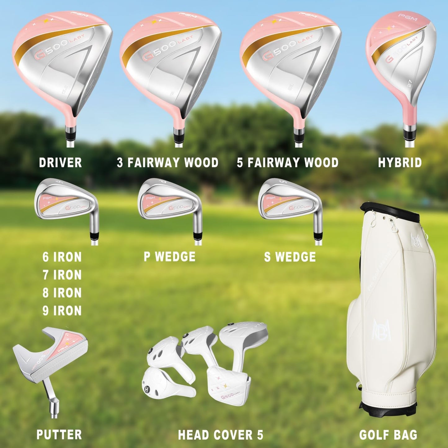 PGM Women's Golf Clubs Full Set for Right Handed with Driver Woods Hybrid Irons Wedges Putter, Lady Flex Complete Golf Set for Beginner to Intermediate Golfers with Headcovers and Club Bag
