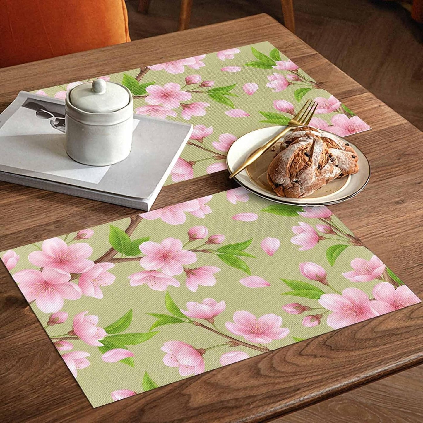 Pink Peach Flowers Placemats Set of 4, Washable PVC Kitchen Table Mats Place Mats, Spring Botanical Watercolor Floral Green Woven Vinyl Placemat for Dining Table, 13" x 19"
