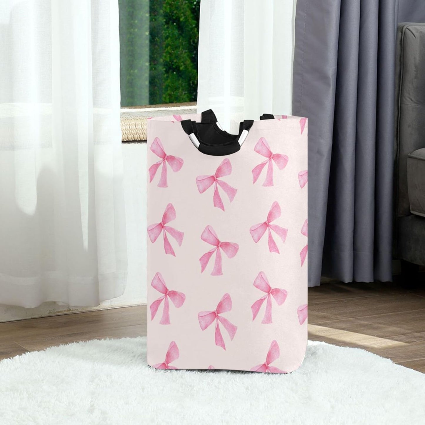 Pink Bow Large Laundry Hamper with Handle, Foldable Clothes Hamper Collapsible Storage Basket for Toys and Clothes Organization in Bedroom, Bathroom, and Laundry Room