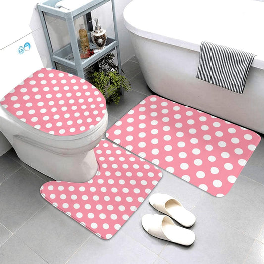 Light Pink Polka Dot Print (a) Bathroom Rugs Sets 3 Piece - Absorbent Non Slip Washable Bath Mats, U-Shape Toilet Lid Cover, Contour Mat, Soft Shower Mats Bath Rug Mat for Bathroom Toilet Tub