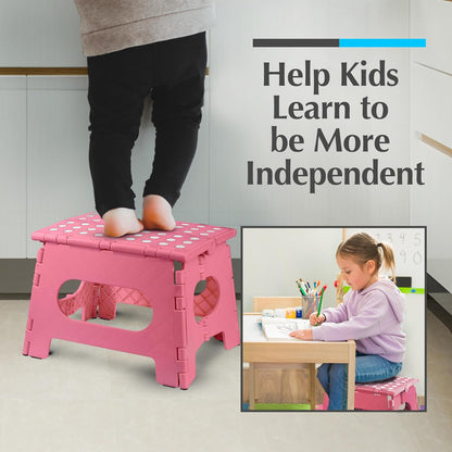 Handy Laundry Folding Step Stool for Adults & Kids, 9 Inch Sturdy Plastic Step Stool Foldable with Handle, Non-Slip, 300 lb Capacity, Lightweight & Compact for Kitchen, Bathroom, Bedroom, Pink