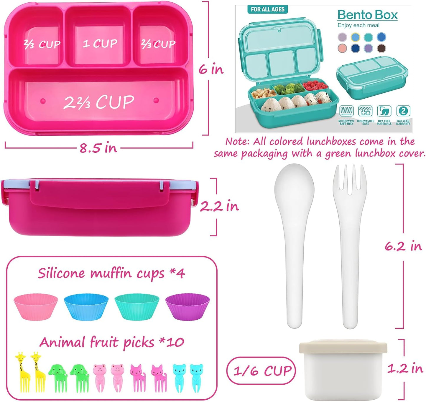QQKO Bento Box for Kids Adults, School Toddler Lunch Box for Boys Girls, Lunch Box Containers with 4 Compartments, Sauce Container, Utensils, Food Picks and Muffin Cups for School, Pink Blue
