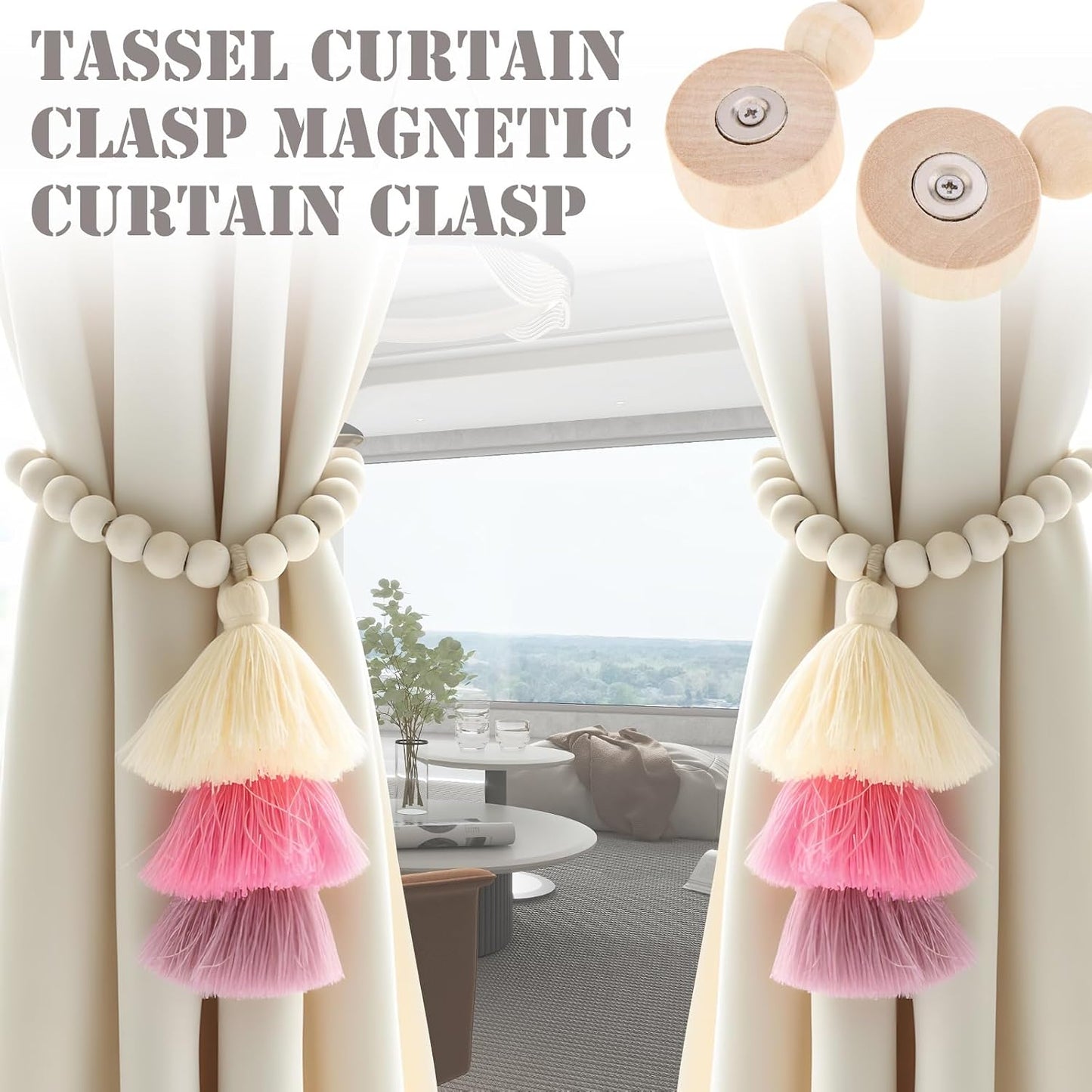 Magnetic Curtain Tiebacks,Wood Beads,2Pcs Boho Ties with Triple Tassel,Pink | No drill, smooth wood bead, strong magnetic closure, keep curtains firmly in place, for bedroom,living room,nursery