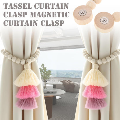 Magnetic Curtain Tiebacks,Wood Beads,2Pcs Boho Ties with Triple Tassel,Pink | No drill, smooth wood bead, strong magnetic closure, keep curtains firmly in place, for bedroom,living room,nursery