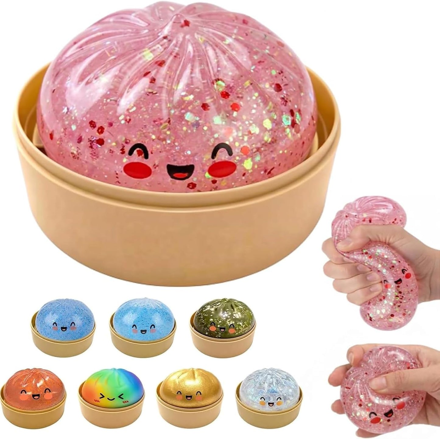 Dumpling Squishies Toys, Mystery Squishy Dumpling Box, Squishy Fidget Squishies, Stretchy Bun with Mini Food Steamer Desk Fidget Toy for Adults Office Home (Glitter Pink)
