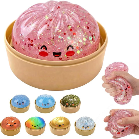 Dumpling Squishies Toys, Mystery Squishy Dumpling Box, Squishy Fidget Squishies, Stretchy Bun with Mini Food Steamer Desk Fidget Toy for Adults Office Home (Glitter Pink)