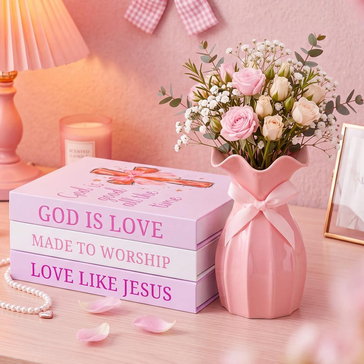 Novabright 4 Pcs Pink Bow Decorative Books and Vase Set, Coquette Room Decor Christian Preppy Fake Books Magnetic Storage Box Bible Verse Scripture Gifts Cute Faux Book Stack for Bookshelf Home Decor