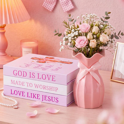 Novabright 4 Pcs Pink Bow Decorative Books and Vase Set, Coquette Room Decor Christian Preppy Fake Books Magnetic Storage Box Bible Verse Scripture Gifts Cute Faux Book Stack for Bookshelf Home Decor