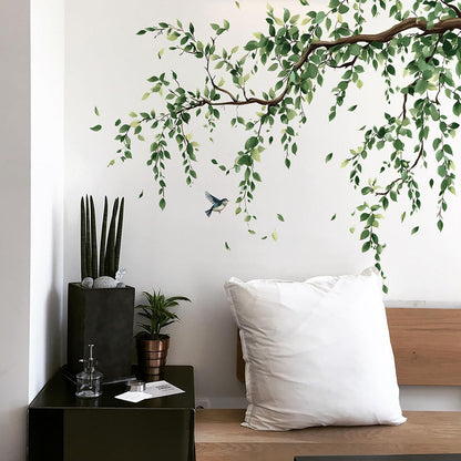 Peach Blossom Flower Wall Decals Pink Floral Bird Tree Branch Wall Sticker Creative Peel and Stick Removable Wall Art Decor for Living Room Bedroom Home Office (GreenBranch)