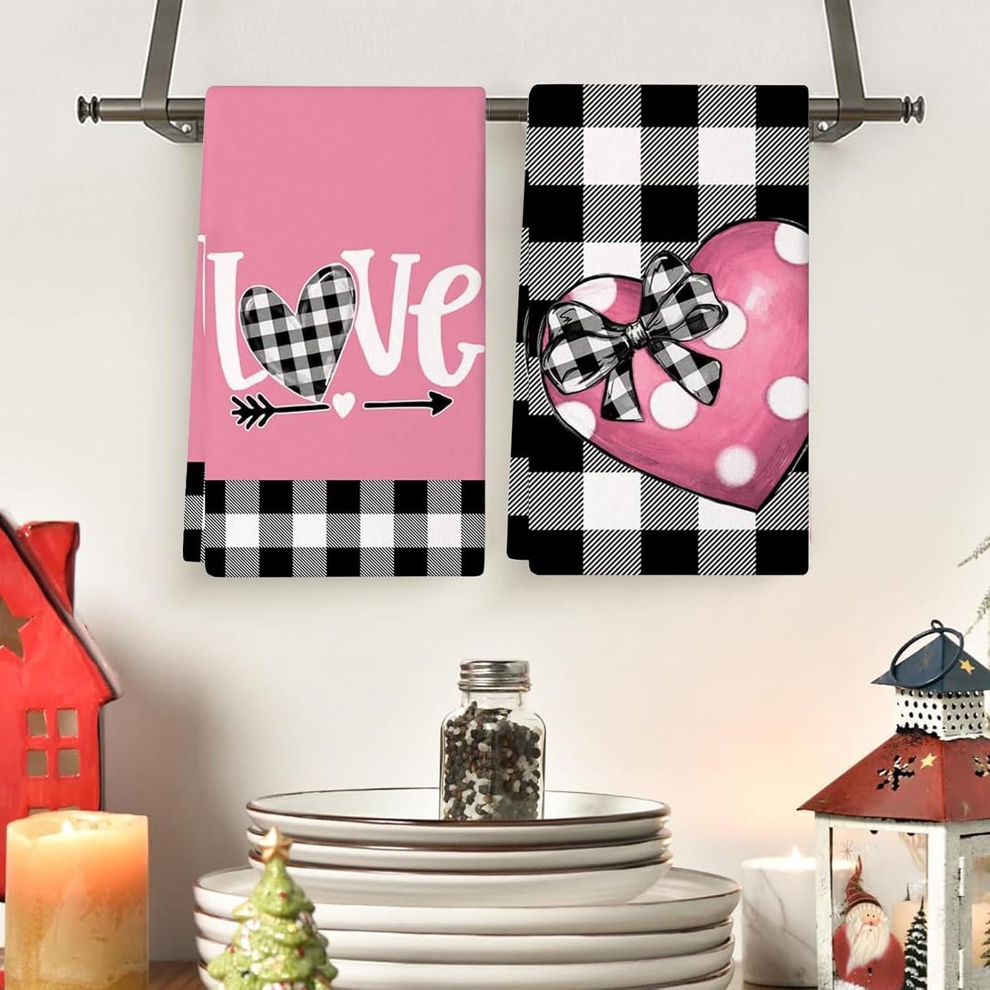 Valentines Day Decorations Kitchen Towels, 2Pcs Pink 24*15.7In Valentine Dish Towels With Love Heart Patterns Valentine Hand Towels Valentine's Day Towels Table Decor For Indoor Home Kitchen Decor