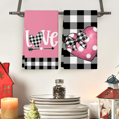 Valentines Day Decorations Kitchen Towels, 2Pcs Pink 24*15.7In Valentine Dish Towels With Love Heart Patterns Valentine Hand Towels Valentine's Day Towels Table Decor For Indoor Home Kitchen Decor