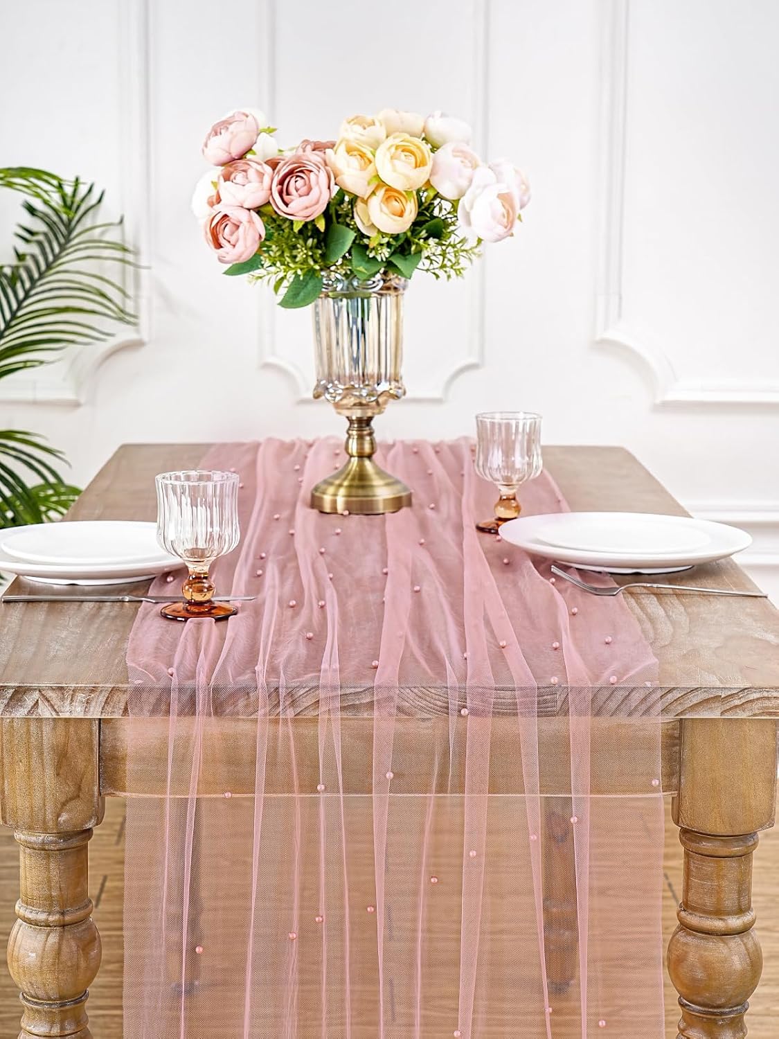 Dusty Pink Pearl Table Runner: Tulle 10ft Pearl Tulle Fabric Centerpieces Wedding Lace Tablecover Arch for Bridal Shower Veil Baby Shower Sweetheart Birthday Table Decorations