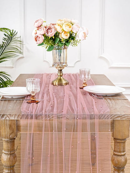 Dusty Pink Pearl Table Runner: Tulle 10ft Pearl Tulle Fabric Centerpieces Wedding Lace Tablecover Arch for Bridal Shower Veil Baby Shower Sweetheart Birthday Table Decorations