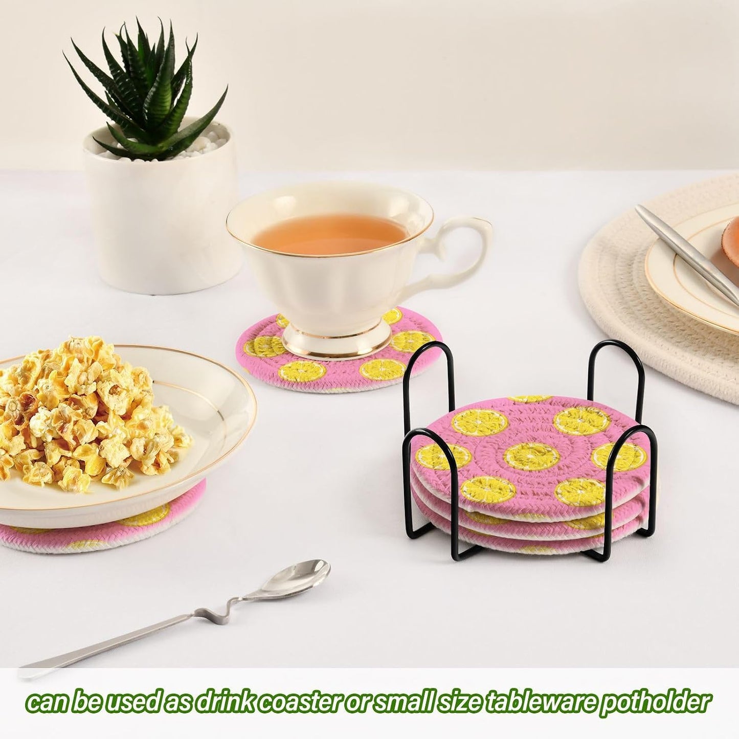 Pink Lemonade Pattern Coasters Set of 6 - with Holder, Coasters for Drinks, Woven Coaster Set for Home Decor Tabletop Protection Suitable for Kinds of Cups, 3.94 Inch