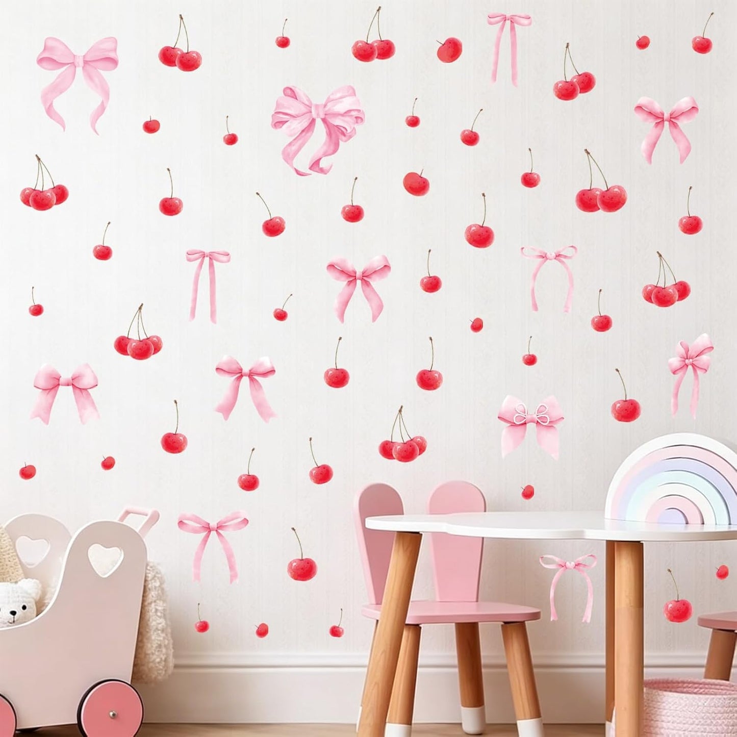 Bow and Cherry Wall Decals, 86Pcs Pink Coquette Bows Cherries Wall Stickers Peel and Stick for Girls Bedroom Nursery Kindergarten Coquette Wall Decorations 8 Sheets