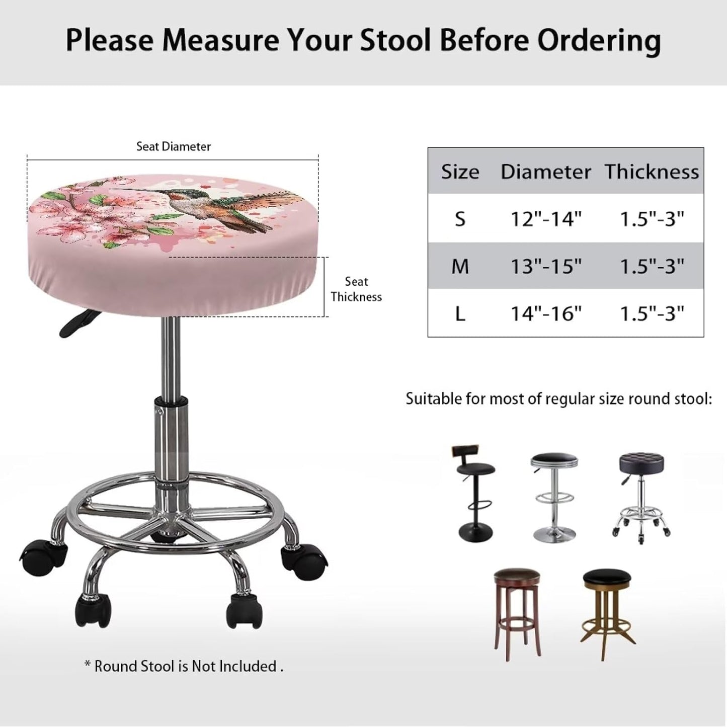 Lotusorchid Hummingbird Stool Covers 2 Pack, Peach Blossom Stool Cushion Cover with Elastic, Washable Round Seat Covers for Bar Stools, Comfy Stool Slipcovers Round, Pink