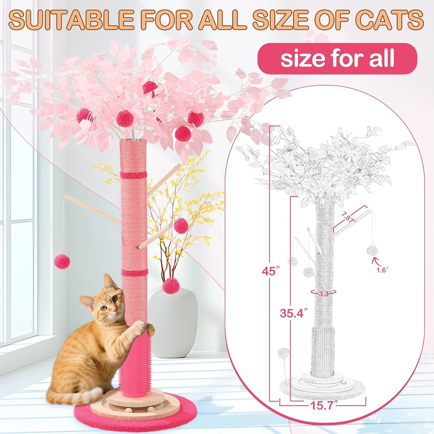 Cat Scratching Post for Indoor Cats Adults, 45 Inch Tall Cat Scratcher with Sisal Rope, Large Cats Scratching Posts with Hanging Ball for Kittens and Medium Large Cats (Pink Color)
