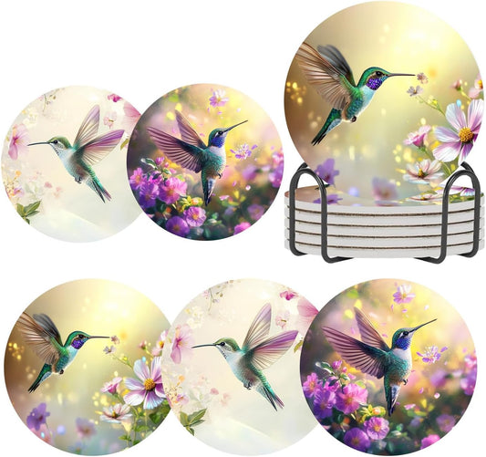 Hummingbirds Flower Coasters Set of 6 for Drinks,Round Absorbent Ceramic Coaster with Metal Holder,Colorful Bird Pink Floral Coasters with Cork Base for Coffee Party Kitchen Home Decor Gifts