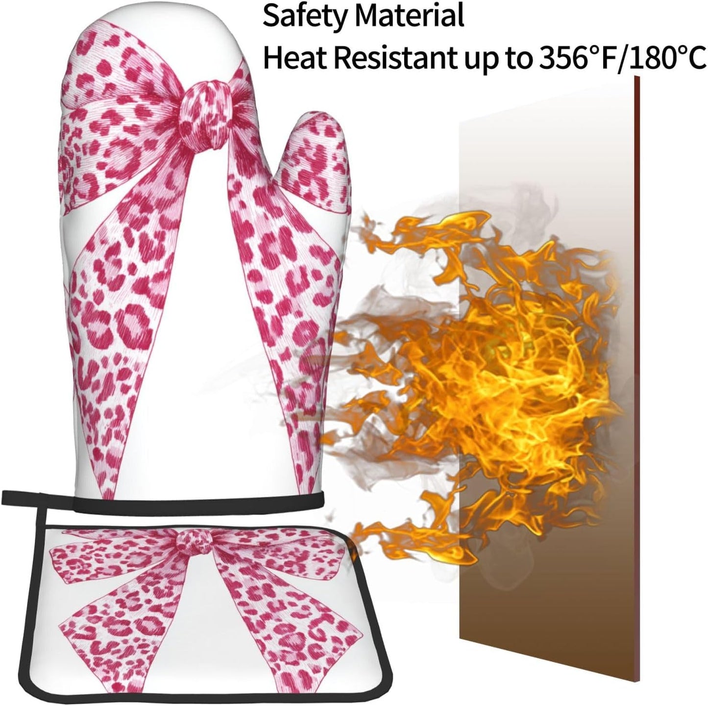 Light Pink Leopard Bow Oven Mitts and Pot Holders Sets,Heat Resistant Potholder Kitchen Decor for Cooking Baking BBQ, Oven Glove Set