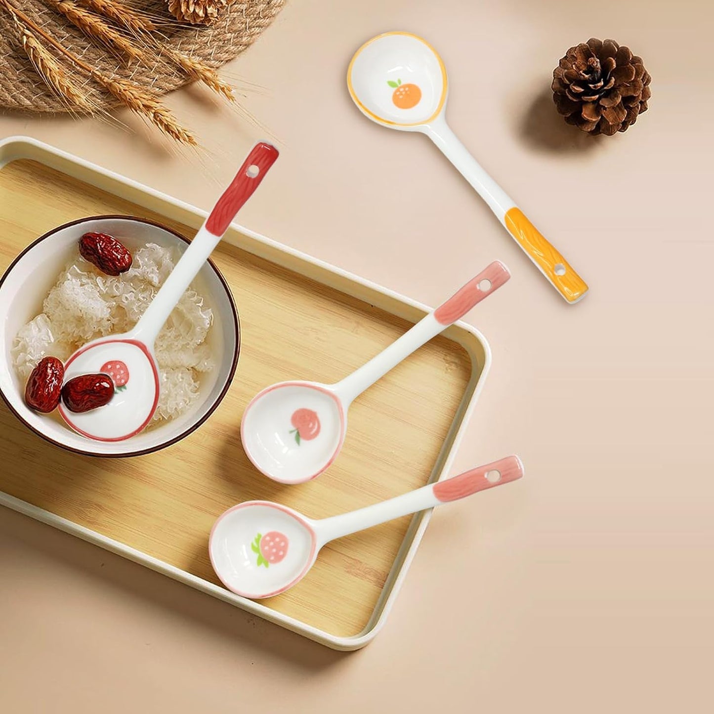 Honbay 4PCS Long Handle Ceramic Soup Spoons Cute Fruit Strawberry Orange Peach Pattern Tablespoons Porcelain Spoon with Hanging Hole for Coffee Fruit Dip Stew Porridge Yogurt Ice Cream Desserts