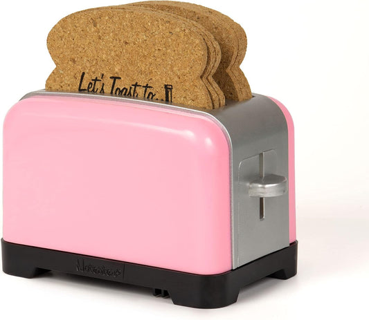 Toaster Coaster, Set of 6 Cork Coasters Round and Surface Protector for Drink, Coffee, Tea, Beer, Wine at Home or Bar, Novelty Gift Idea (Pink)