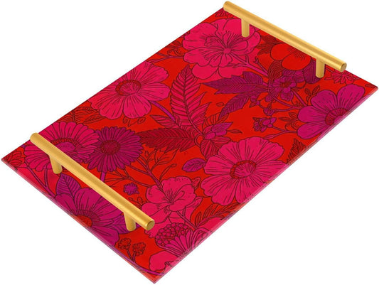 Vintage Red and Pink Floral Decorative Meal Trays with Handles Food Serving Tray for Jewelry Perfume for Tea Trays Serving charolas para comida