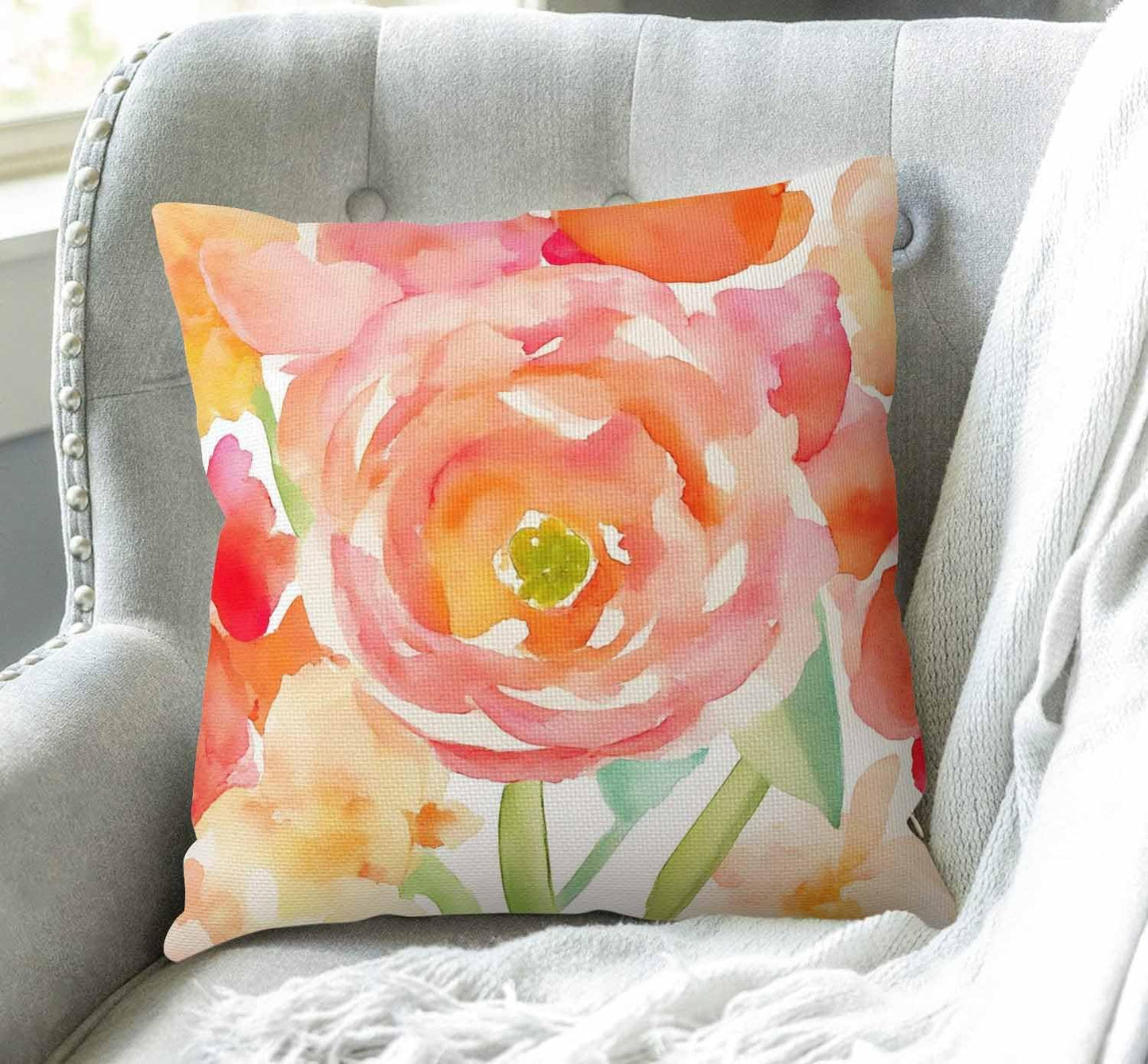 Swono Throw Pillow Case Peach Peony Cotton Linen Square Cushion Cover Standard Pillowcase for Men Women Home Decorative Sofa Armchair Bedroom Livingroom 18 x 18 inch