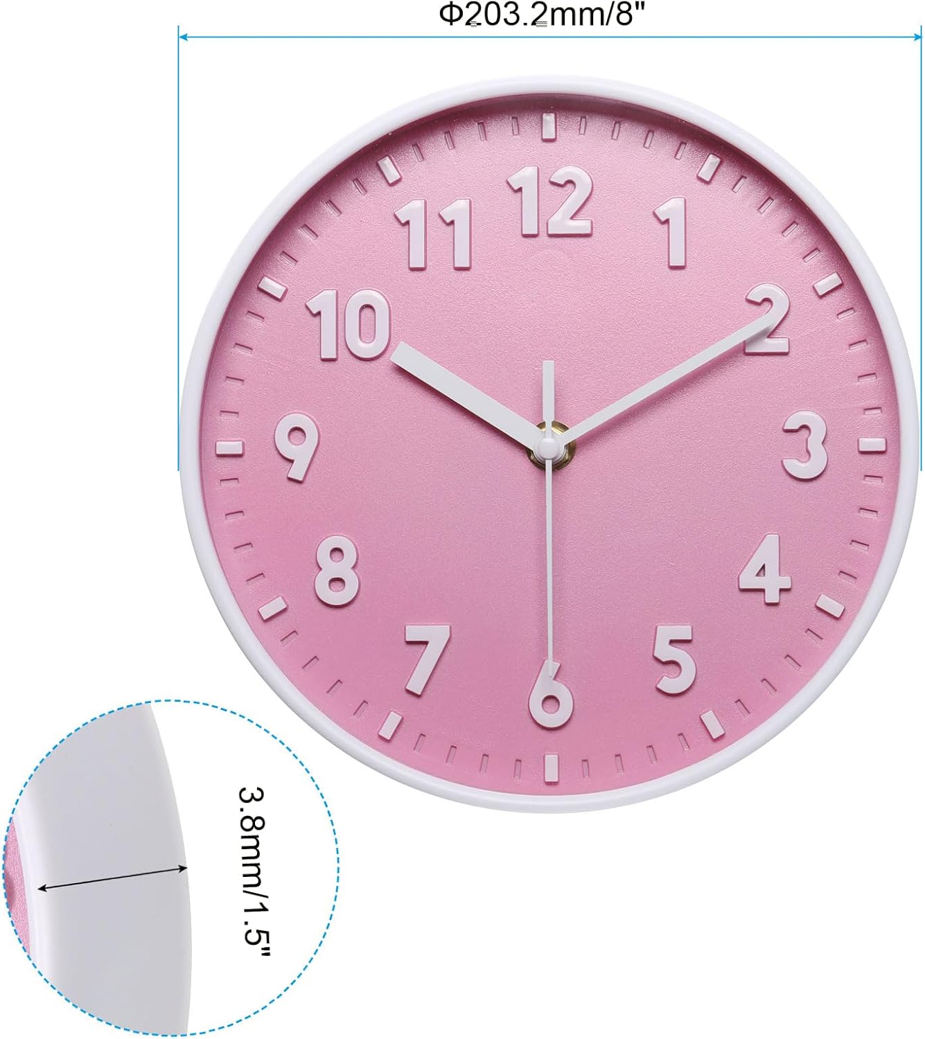 PATIKIL 8 Inch Wall Clock, 3D Number Quartz Battery Operated Silent Non-Ticking Round Wall Clocks for Office Bedroom Decorative, Pink