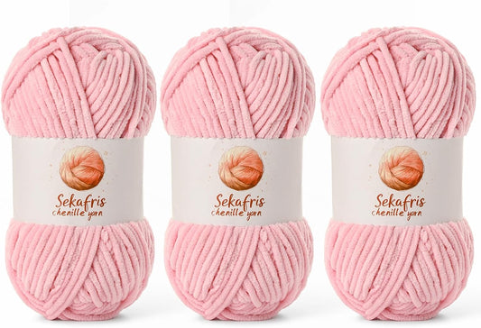 3 Pack Peach Pink Chunky Chenille Yarn for Crocheting, Bulky Velvet Yarn for Crochet, Blanket Yarns for Crocheting Soft, 393yds /10.5oz Fluffy Amigurumi Crochet Yarn