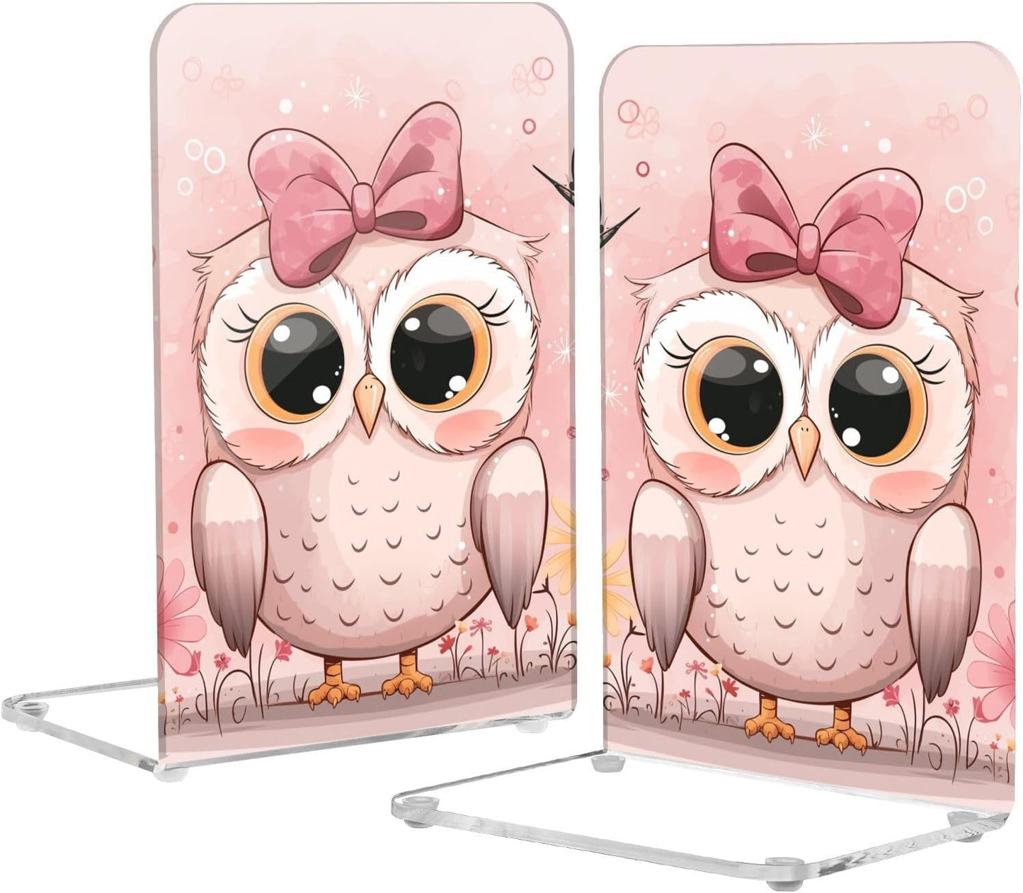 Acrylic Bookends Cute Owls Light Pink Book Ends for Shelves 2 Pcs Decorative Book Stopper Non Skid