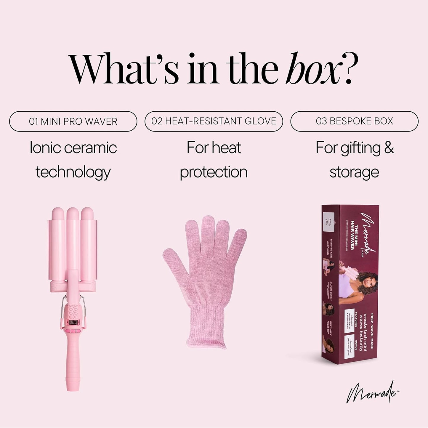 Mermade PRO Hair Waver 1" - 3 Barrel Curling Iron 1 Inch, Ceramic Barrel Waver Tool for Thick, Thin, Long, or Short Hair - 1", Pink with Glove