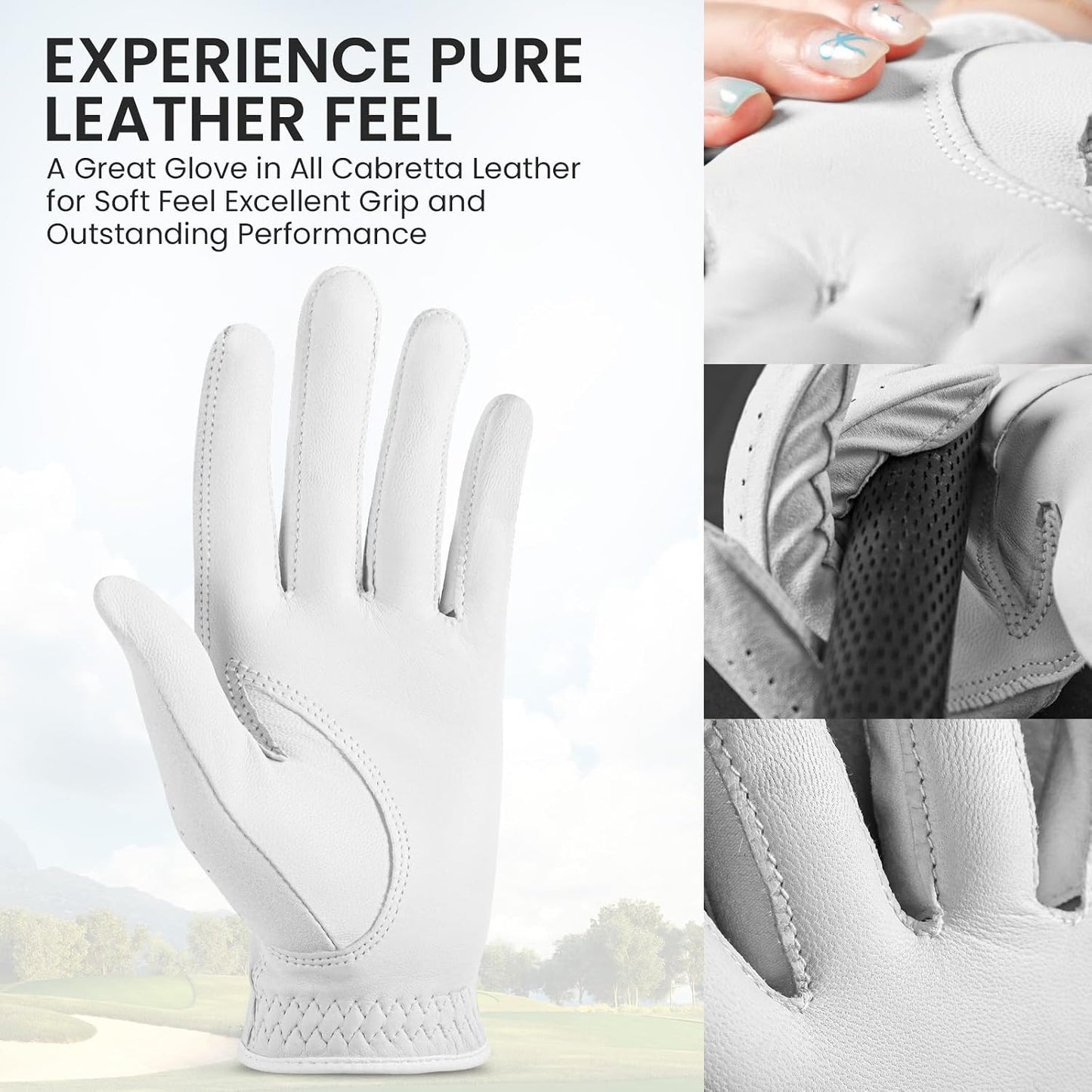FINGER TEN Womens Golf Glove with Clover Ball Marker 1 Pack, All Weather Grip Microfiber & Leather Gloves for Ladies, Comfortable Breathable Fit for Left Hand or Right Hand in White Pink