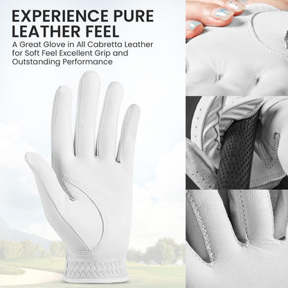FINGER TEN Womens Golf Glove with Clover Ball Marker 1 Pack, All Weather Grip Microfiber & Leather Gloves for Ladies, Comfortable Breathable Fit for Left Hand or Right Hand in White Pink
