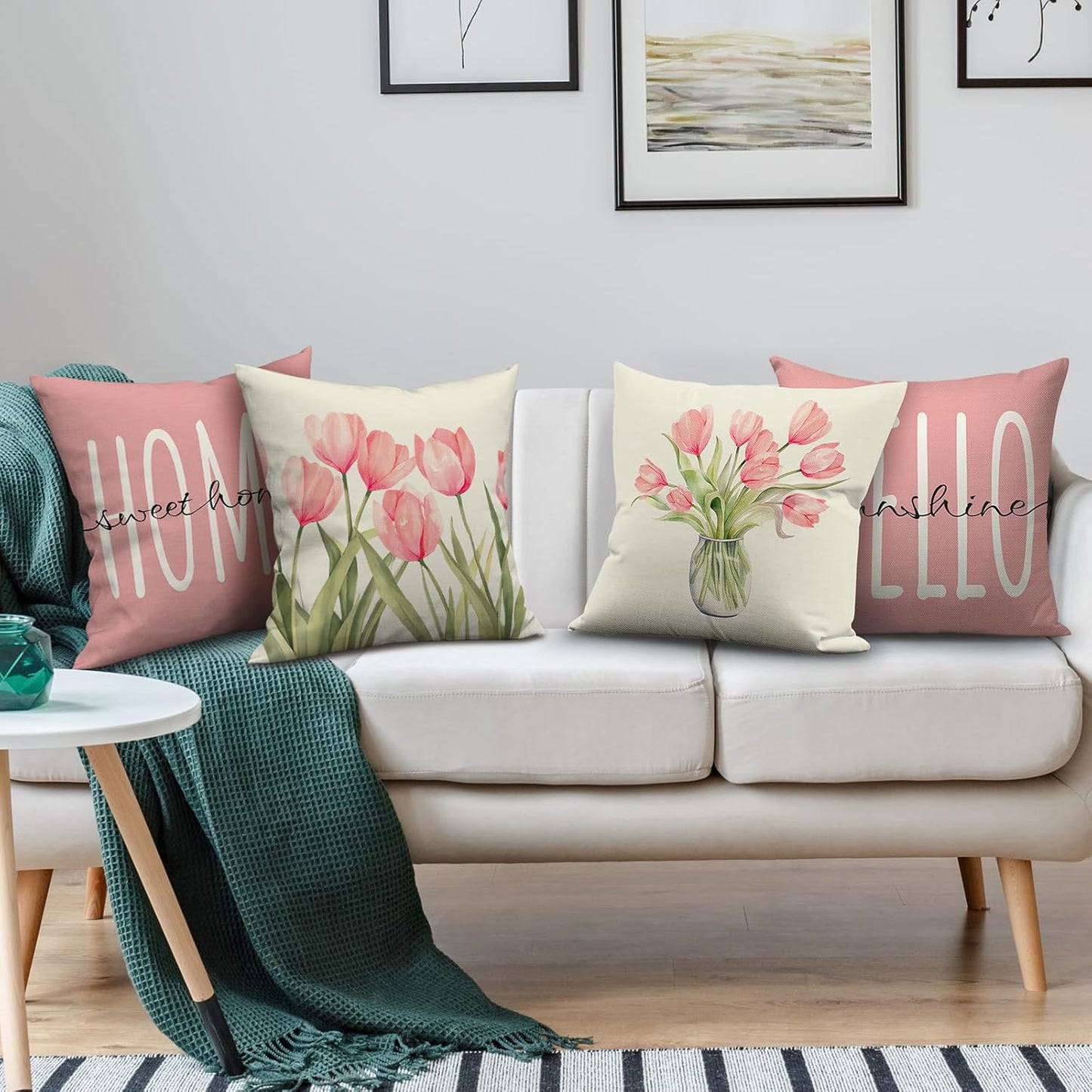 Pillow Covers 18x18 Set of 4 Tulip Home Sweet Home Pink Throw Pillows Decorative Pillow Cases Hello Summer Spring Seasonal Farmhouse Decorations for Sofa Couch
