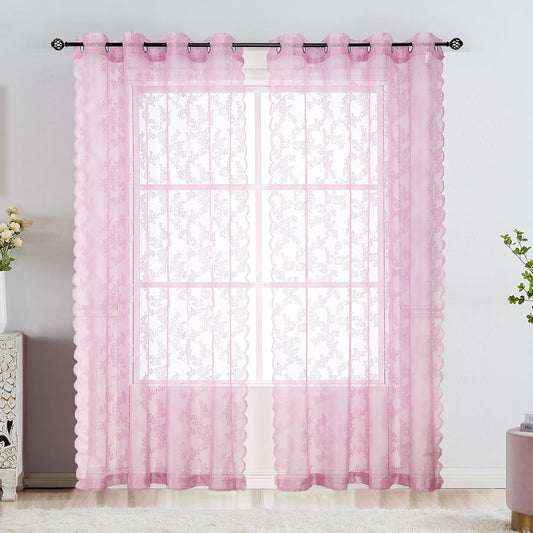 Pink Lace Sheer Curtains for Bedroom 55 x 54 Inch Farmhouse French Floral Rose Lace Curtain Panels Durable Flower Embeoidered Window Treatment Drapes for Living Room Bedroom Holiday, Set of 2