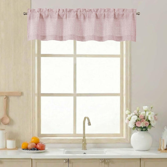 LIVEKID Blush Pink Valance for Windows - Light Filtering Faux Linen Textured Small Short Valance Kitchen Curtain, Rod Pocket Top Short Window Curtain for Bathroom Basement Farmhouse, 1 Piece, 52Wx12L