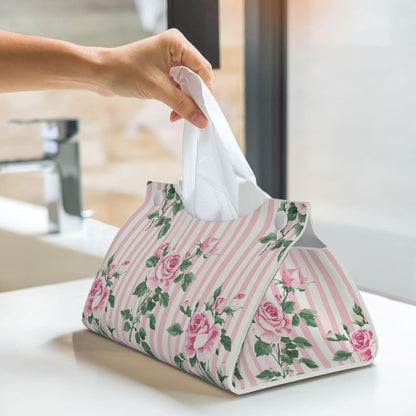 Pink Striped Rose Pattern Tissue Box Cover Rectangle Pu Leather Tissue Box Holder for Car Bathroom Bedroom Desk Tabletop Decor