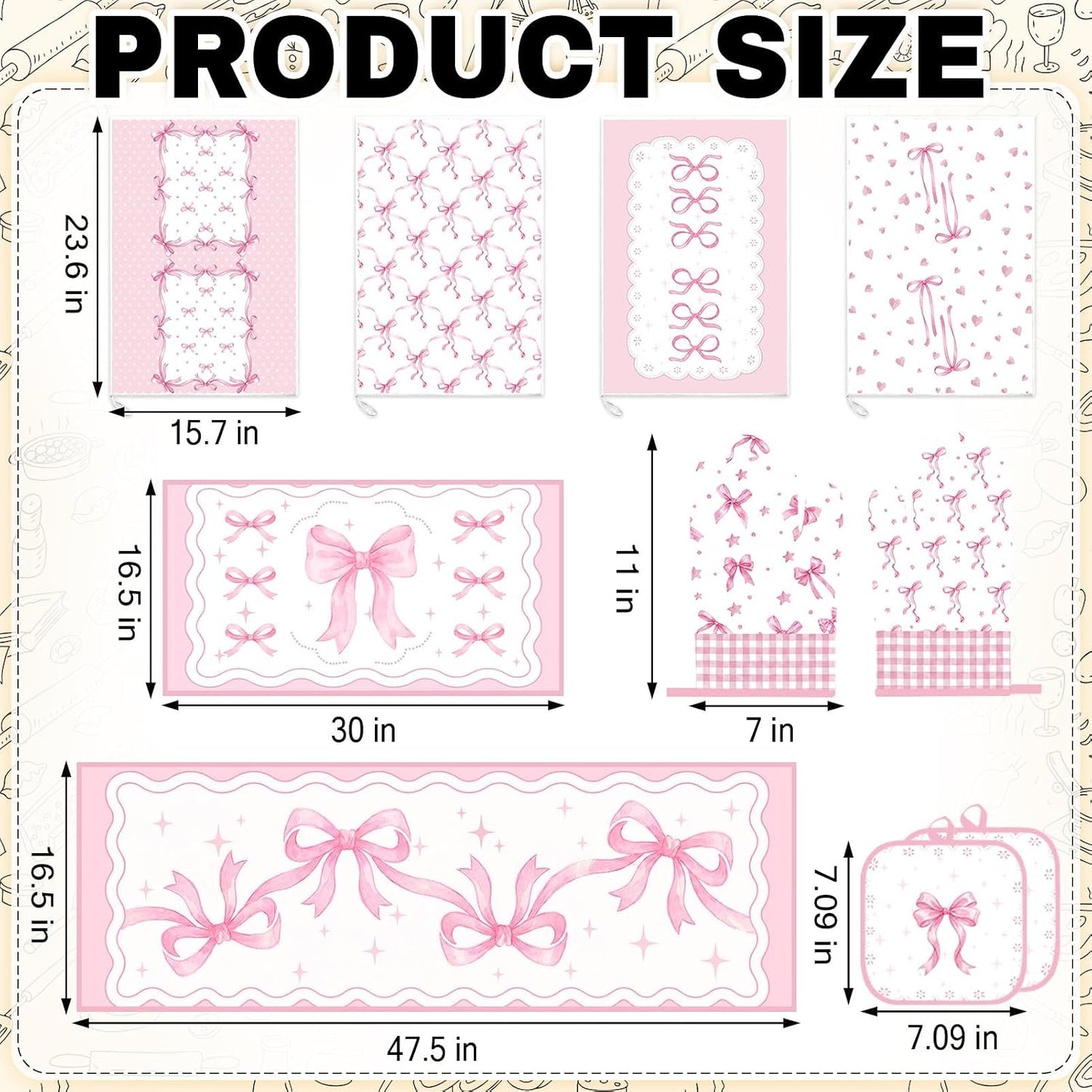 10 Pcs Pink Kitchen Decor and Accessories Set, Cute Pink Bow Coquette Theme Kitchen Towels Rugs Oven Mitts and Pot Holders, Ribbon Heart Decor Gift for Girls Mom Women