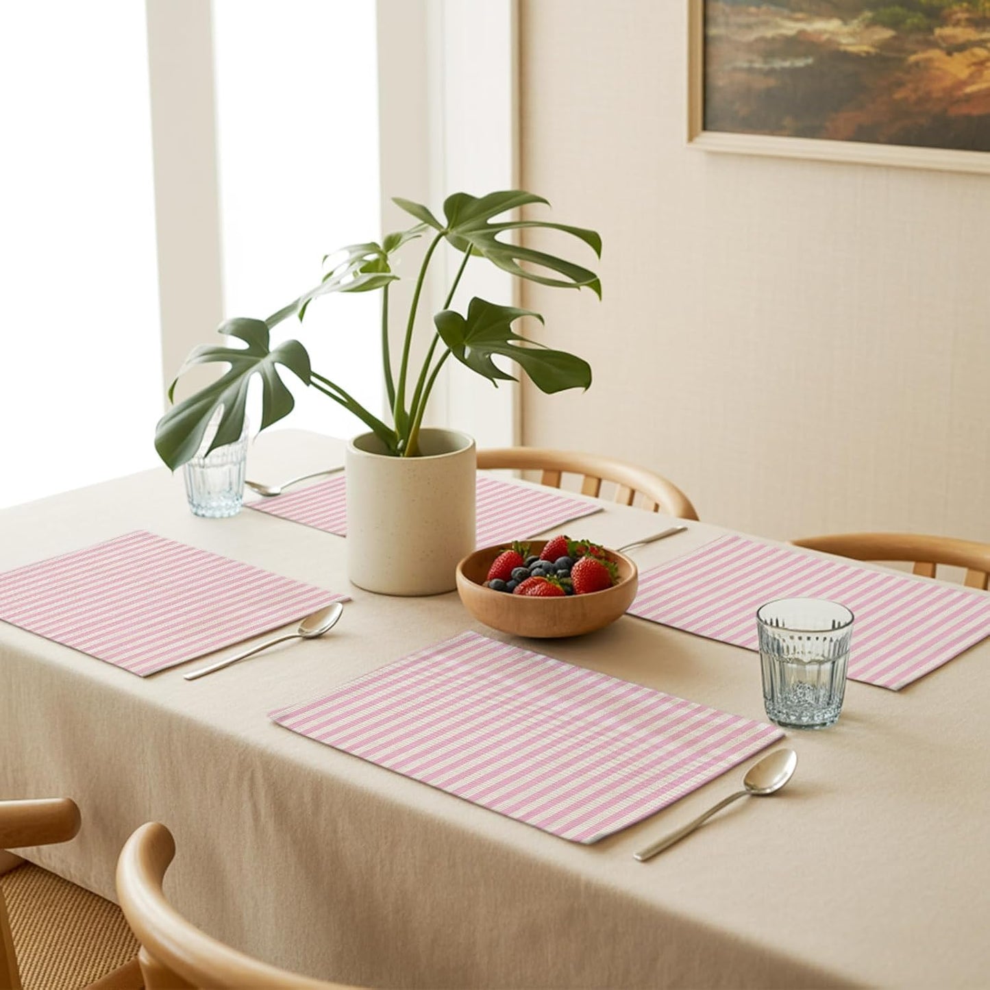 Pink Stripes Placemat Set of 6 Non-Slip Placemats for Dining Table Linen Classic Vertical Striped Washable Table Mats, Heat Resistant Kitchen Table Mats for Party, Dining Room & Home Decor