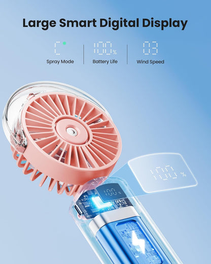Gaiatop Portable Misting Fan, 180° Foldable Handheld, 3 Speeds USB Rechargeable, Spray Water Mist with LED Digital Display, Personal Cooling Mini Hand Fans for Travel, Hiking, Concert, Outdoor (Pink)