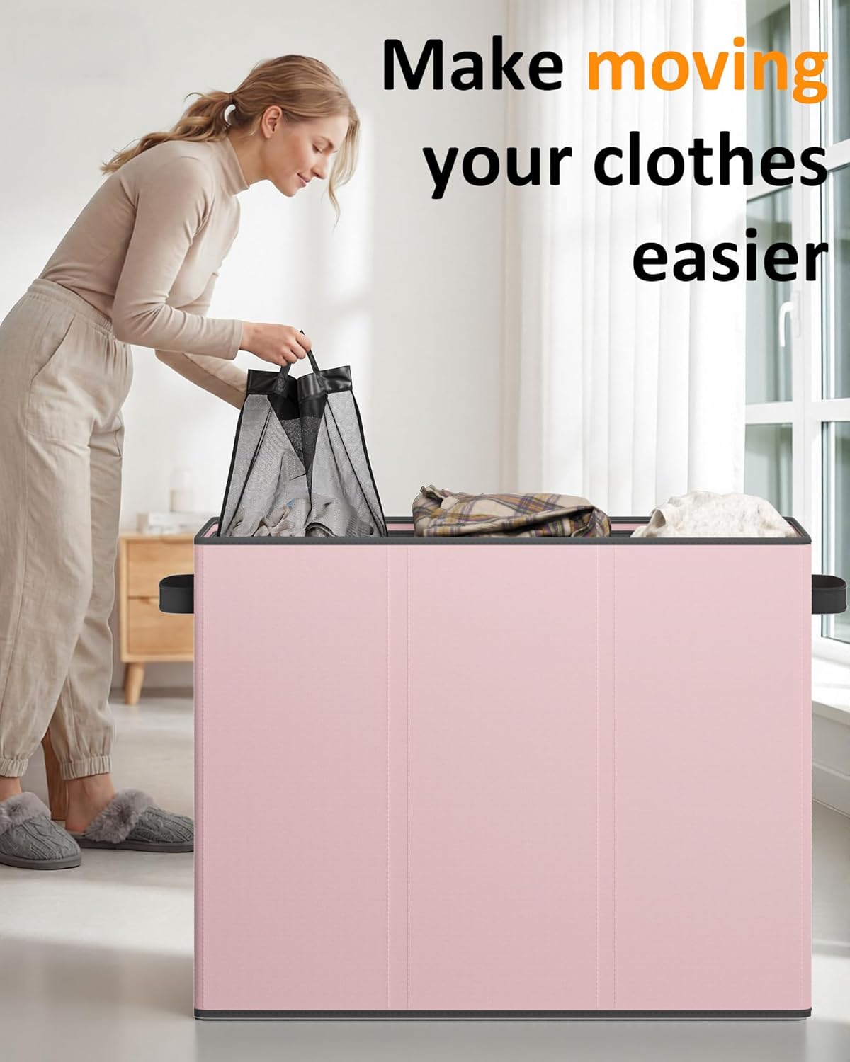 Optish 180L Laundry Hamper 3 Section, Large Laundry Hamper with Lid, Dirty Clothes Hampers with 3 Inner Bags, Laundry Basket Organizer for Laundry, Bedroom, Bathroom, Hamper 3 Compartment, Pink
