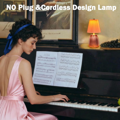 MJ PREMIER Small Battery Operated Lamp for Home Cordless Lamps with Timer 8.7 in High Battery Powered Pleated Lamp Emergency Small Lamps for Cozy Bedside Living Room Shelf Entryway Pink