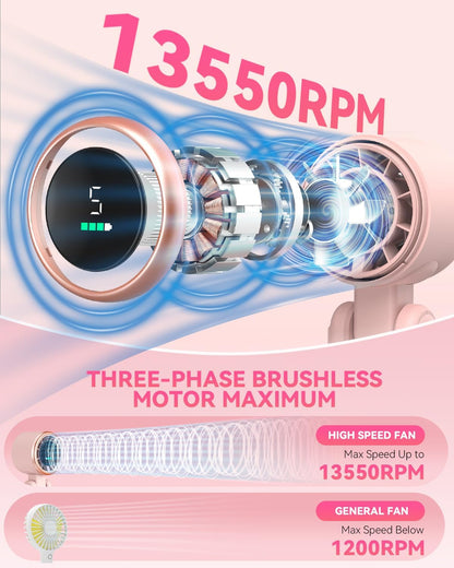 PlayHot Portable Handheld Turbo Fan, 5-Speed Personal Fan, USB-C Rechargeable Fan Up to 12 Hours, 3 IN 1 Hand Fan with Air Turbo Tech Cooling, Travel Fan for Cruise, Beach, Gifts for Women (Pink)